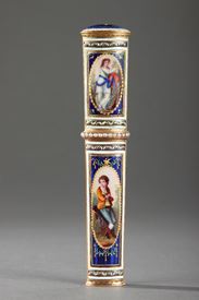 GOLD AND ENAMEL NEEDLE CASE.<br/>
LATE 18TH CENTURY SWISS CRAFTSMANSHIP.