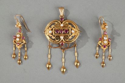 Parure or, perles, pierres fines d'époque Napoléon III.