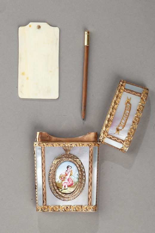 dancer card, secret, mother of pearl, gold, enamel, miniature, style 18th, 19th century, souvenir d'amitié