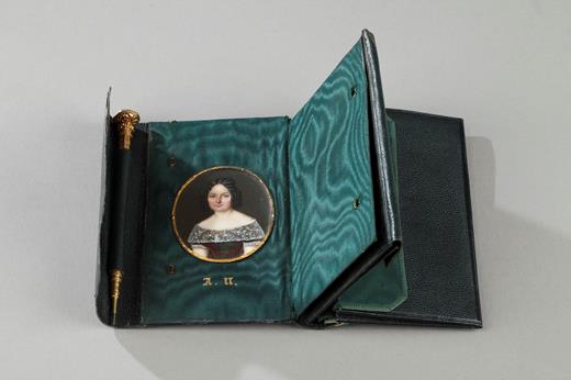 miniature, ivory, signed, case, leather, 19th century,