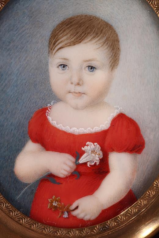 ivory, portrait, baby, 19th century, dress, red, frame, flower