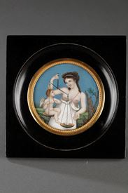 Miniature sur ivoire "l'Amour plus léger que le papillon ?". 
Début du XIXème siècle. 