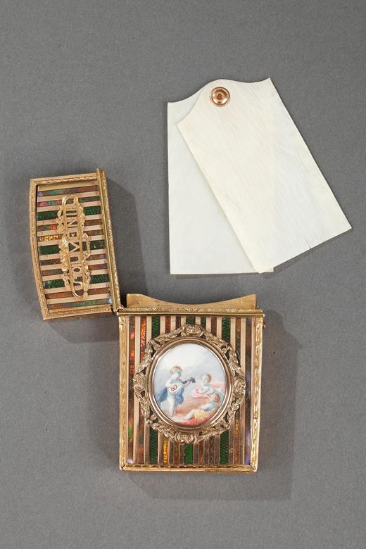 dance card, 18th century, gold, enamel, miniature, putti, souvenir, amitié