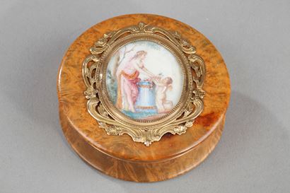 Early 19th century wood gold-mounted box with miniature on ivory.