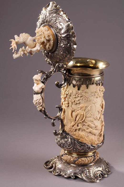 18th century  german tankard silver and  ivory scene of hunting, biche, red deer, dog, stag