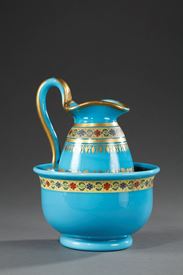 Bowl and Pitcher in blue Opaline with Desvignes Decoration