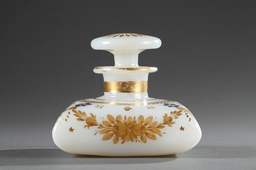 White opaline perfume bottle with Desvignes decoration.