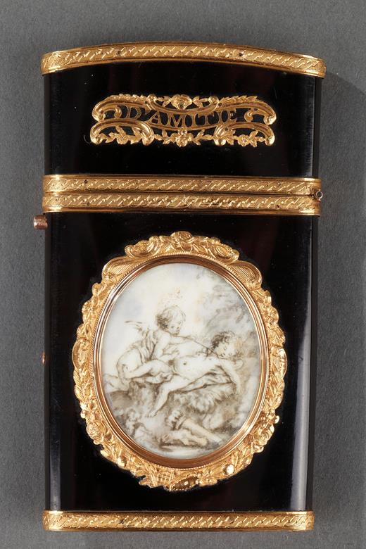Gold panel and vernis Martin writing case.<br/>
Louis XVI period.