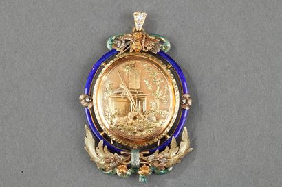 Louis XVI Style Pendant In Gold, Enamel, Diamond. 
19th Century. 