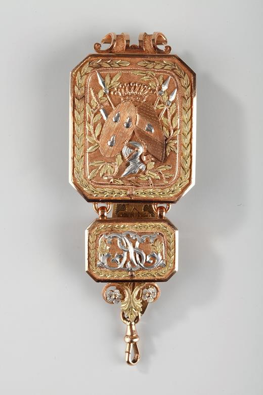 chatelaine, gold, neogothic, Restauration, 19th century, shield, monogram