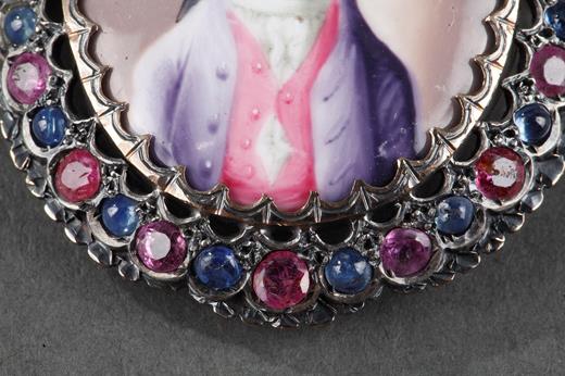brooch, pendant, miniature, medallion, jewel, necklace, taste18th century , 19th century  man, portrait, vermeil, sapphires, rubies