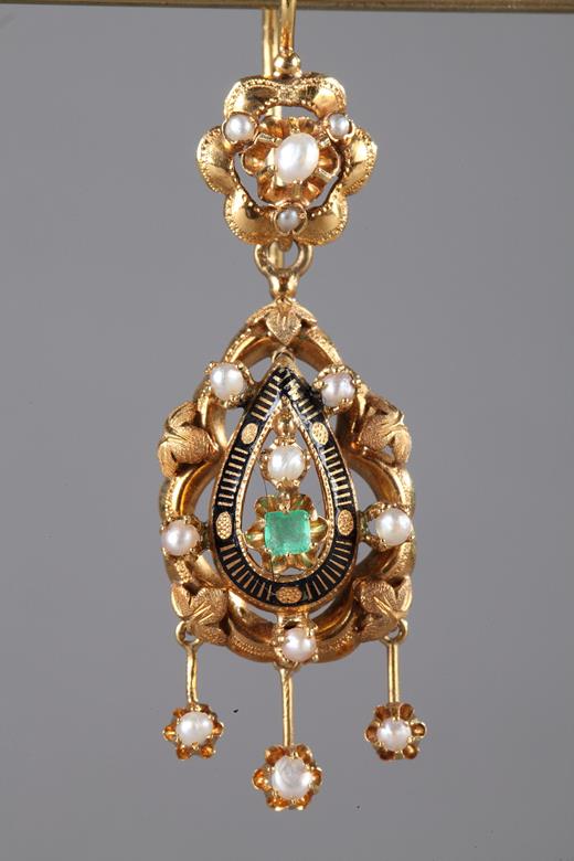 gold, earrings, pair, emerald, enamel, pearls, 19th century, Napoleon III
