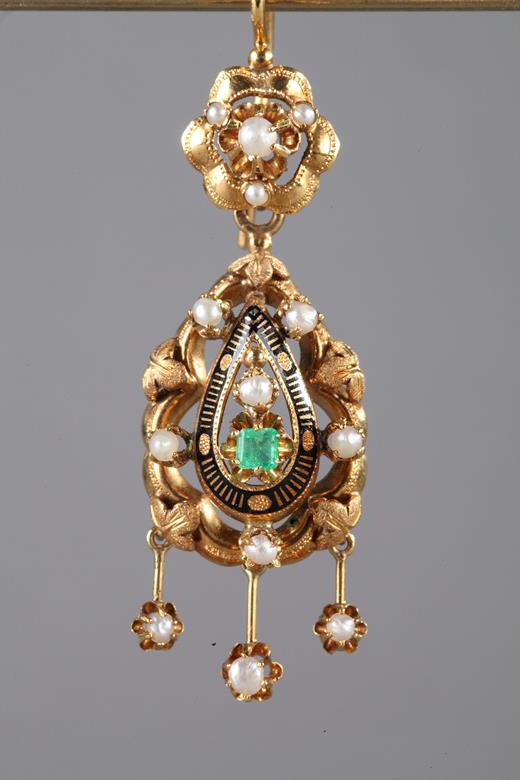 gold, earrings, pair, emerald, enamel, pearls, 19th century, Napoleon III