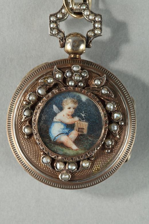 silver, chatelaine, clock, pearls, ivory, miniature, 19th century, Napoleon III