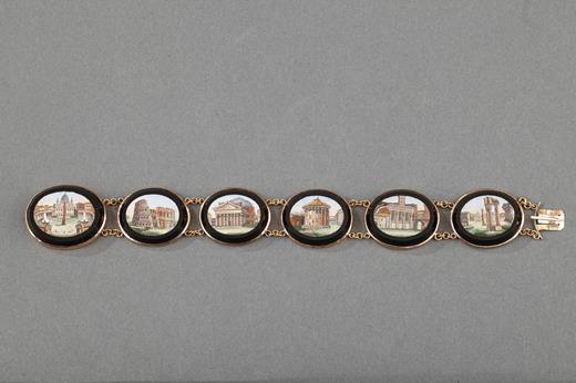 bracelet, micromosaic, italy, gold, 19th century, Saint Peter’s Basilica, the Coliseum, Pantheon, Temple of Vesta, Temple of Antonius and Faustina,  Temple of Vespasian, Forum.