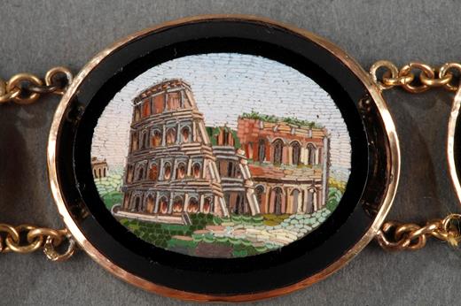 bracelet, micromosaic, italy, gold, 19th century, Saint Peter’s Basilica, the Coliseum, Pantheon, Temple of Vesta, Temple of Antonius and Faustina,  Temple of Vespasian, Forum.