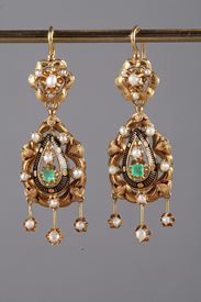 Pair of Gold, Enamel, Pearl, and Emerald Earrings