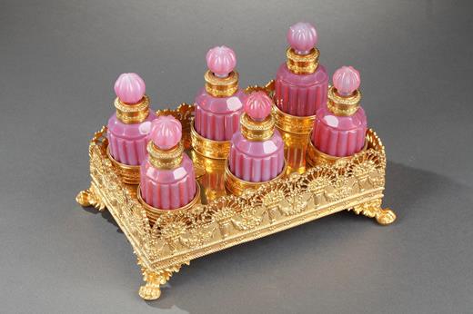 opaline, pink, gilted mounted, 19th century, Charles X, flask, perfume, bottle