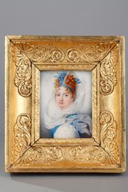 Portrait de femme. Miniature sur ivoire signée Amedée Lemore 1817.