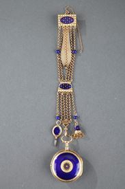 Enameled Gold Chatelaine with Watch by C-T Guenoux.<br>
18th Century.