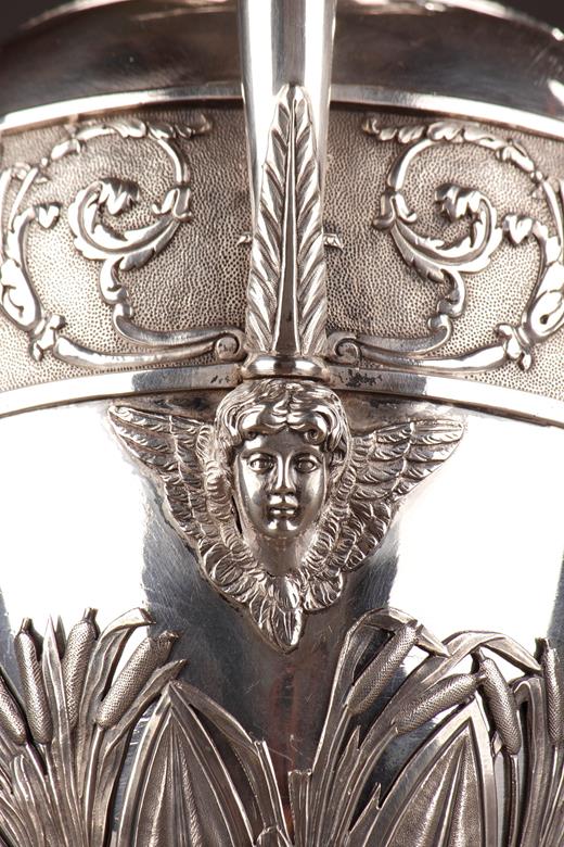 ewer, silver, silversmith, jewellery, engraved, Edme, Gelez, Falkenberg, Empire, 19th, century, putto, roseaux, masque