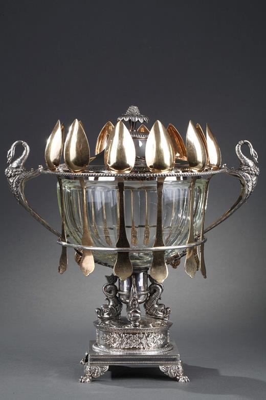 candy, confiturier, silver, Courtois, 19th, century, Restauration, vermeil, spoon, crystal, Baccarat,