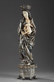SILVER AND IVORY VIRGIN MARY AND CHILD.<br/>
19TH CENTURY.