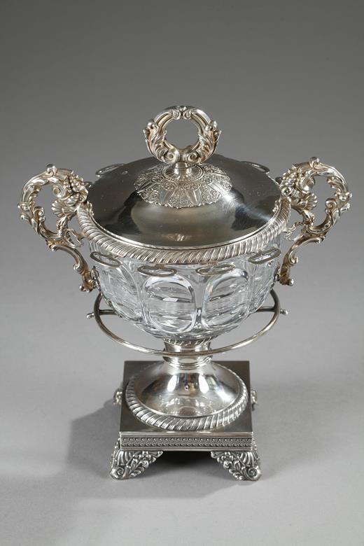 silvern crystal, confiturier, candy dish, spoon, 19th, century, French Restauration, floral
