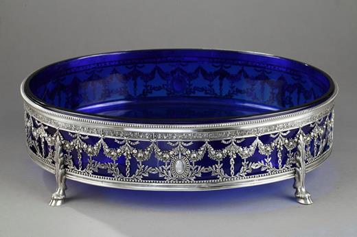 silver, jardinière, odiot, 19th, century, crystal, blue, centerpiece