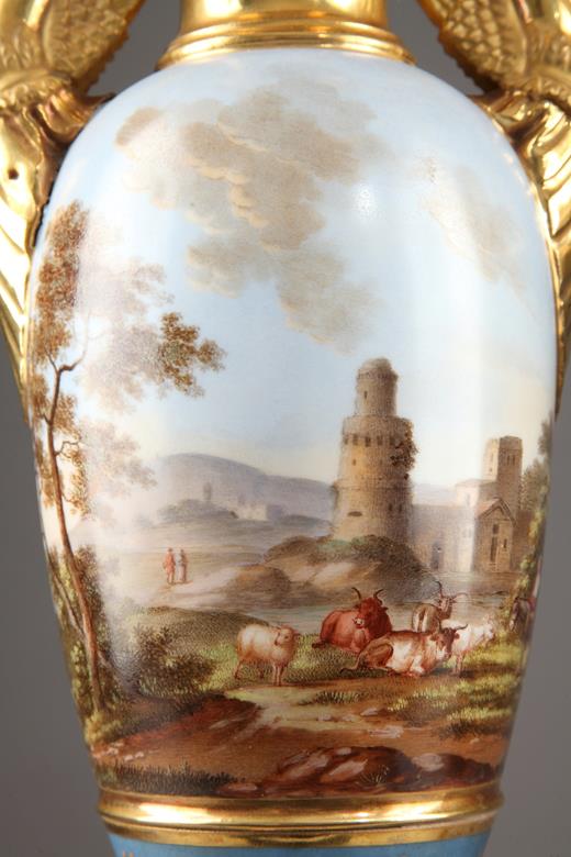 porcelain, vases, pair, Empire, 19th century, landscape, swans, roamn, antique