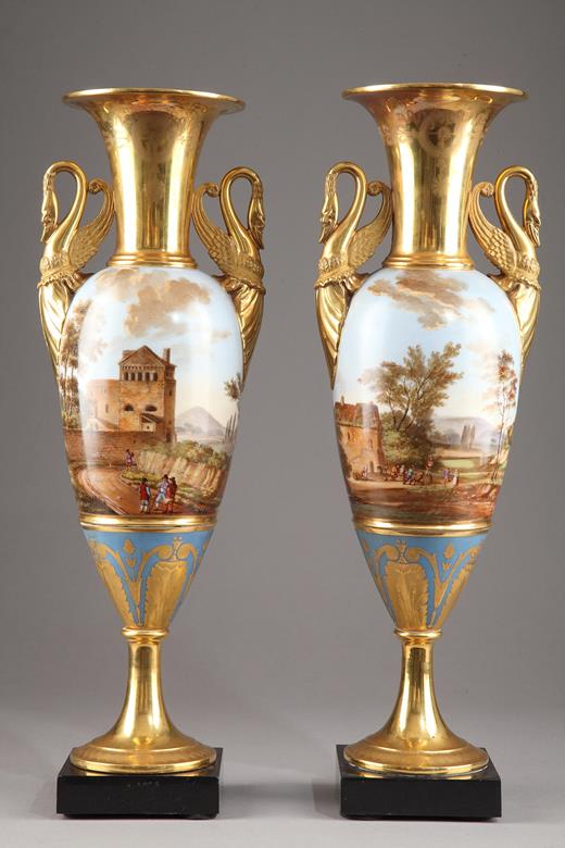 porcelain, vases, pair, Empire, 19th century, landscape, swans, roamn, antique