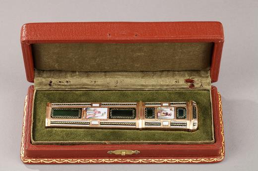 Wax case, Neddle case, 18th century, gold, enamel, green, antique, swiss