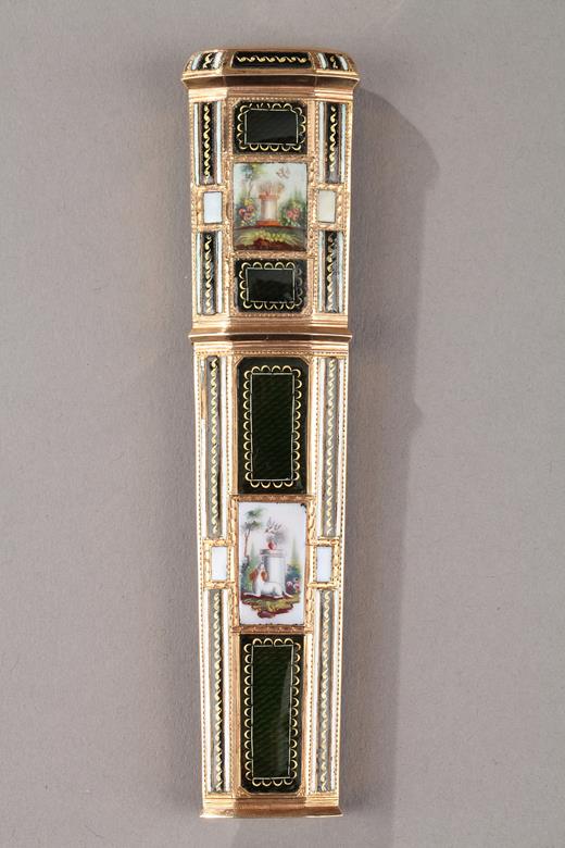  Wax case, Neddle case, 18th century, gold, enamel, green, antique, swiss
