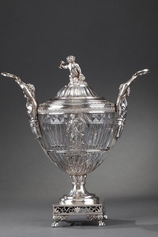candy dish, silver, crystal, 19th century, antique, putti