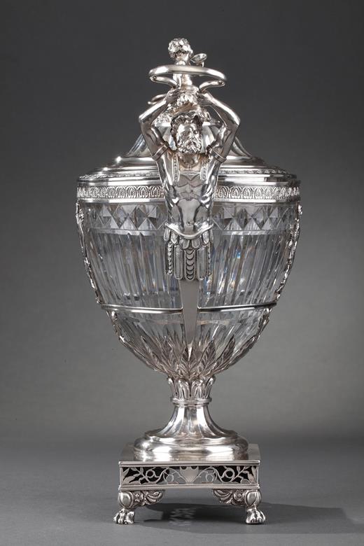 candy dish, silver, crystal, 19th century, antique, putti