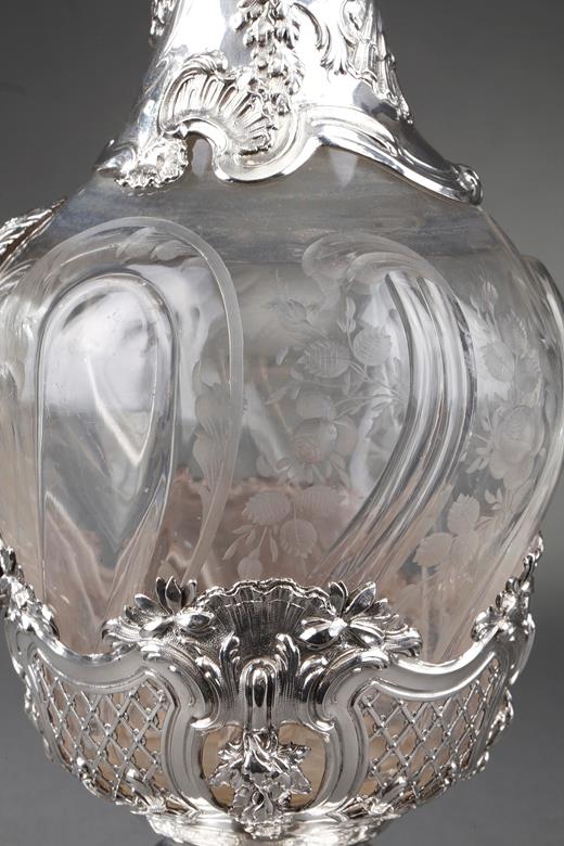 silver, engraved, crystal, floral, ewer, pair, 19th century, Saglier, Ernie