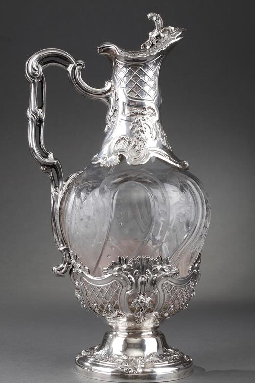 silver, engraved, crystal, floral, ewer, pair, 19th century, Saglier, Ernie