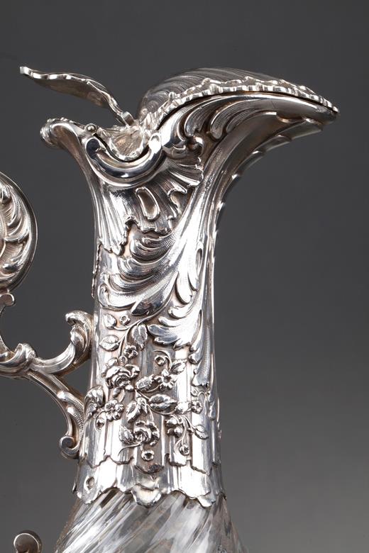 silver, ewers, pair, crystal, cut, 19th, century, shell, scrolls, wine