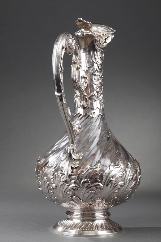 silver, ewers, pair, crystal, cut, 19th, century, shell, scrolls, wine