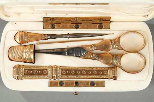 case, ivory, gold, 19th century, ivory, sewing case, steel, scissors, die, thimble,needle case