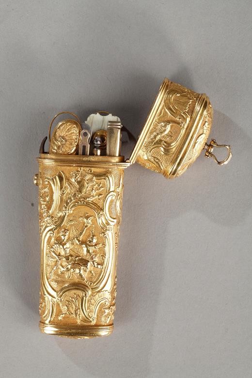 necessaire, case, gold, 18th century, steel, scissors, rocaille, knife, needle, spoon, stylus, ivory leaf.