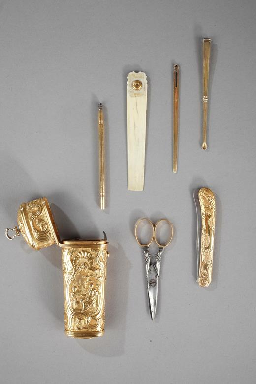 necessaire, case, gold, 18th century, steel, scissors, rocaille, knife, needle, spoon, stylus, ivory leaf.