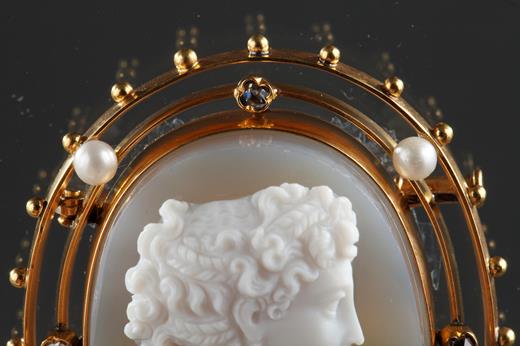 agate, cameo, gold, profil, woman, portrait, 19th, century, Victorian, pearls, diamonds, Napoleon III