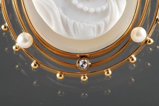 agate, cameo, gold, profil, woman, portrait, 19th, century, Victorian, pearls, diamonds, Napoleon III