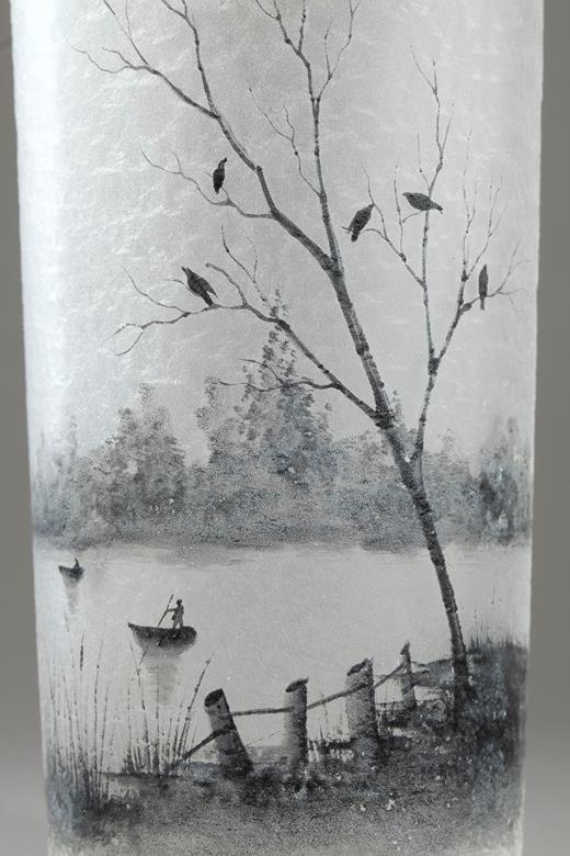 Glass, art nouveau, Daum, landscape, 19th, century, grisaille, bird
