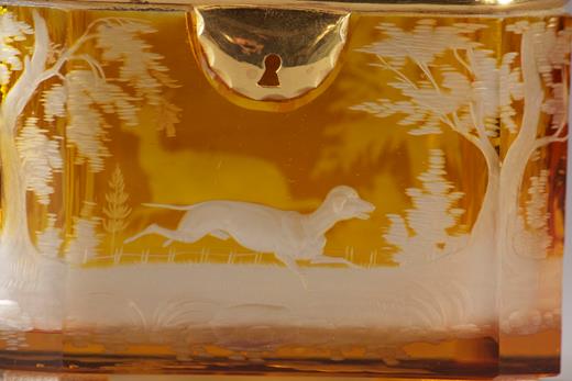 Bohemian, casket, deer, amber, hunting, dog, 19th century, crystal