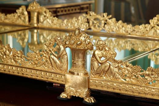 surtout-de-table, centrepiece, especially for a table, Thomire, Restoration period, Charles X, gilt bronze, chased, 19th century, tray, mirror, Bacchus, Dyonisos, mythology, meal