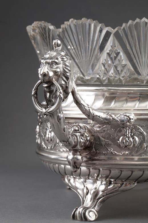 silver, jardiniere, centre-de-table, crystal, cut-crystal, 19th century, Germany, lion, handles