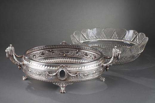 silver, jardiniere, centre-de-table, crystal, cut-crystal, 19th century, Germany, lion, handles