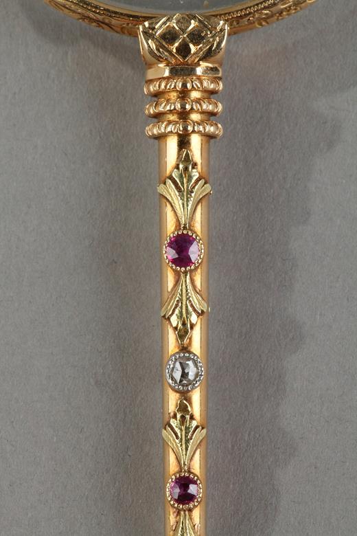 19th century face à main in gold, diamonds, ruby